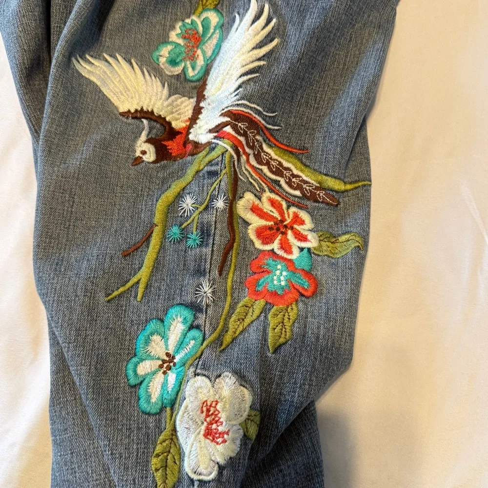 Y2K Embroidered Phoenix Low Rise Jeans 14 | Floral Bird Denim | Raw Hem | - Picture 11 of 16